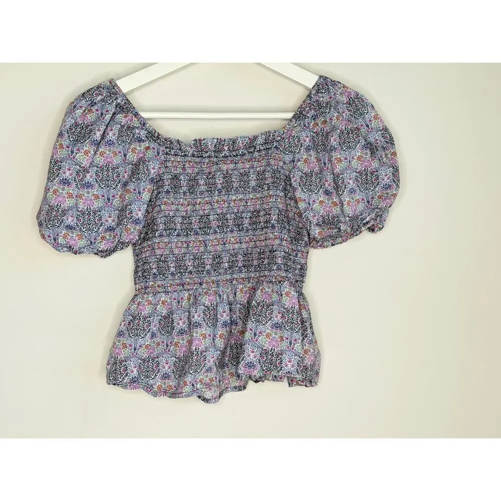J. Crew Liberty Club Nouveau Fabric Smocked Square Neck Blouse Top Purple Blue M - Picture 8 of 8
